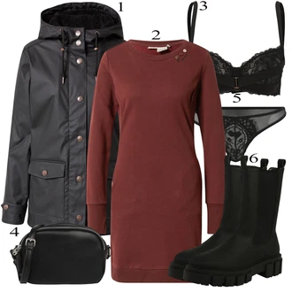 Outfit s Hnědá/Tmavě červená/Vínová/Červená Mikinové Šaty/Zimní Pletené Šaty/Zimní šaty s dlouhým rukávem/Pouzdrové Šaty S Dlouhým Rukávem/Svetrové Šaty Ragwear "Podzimní Outfit"
