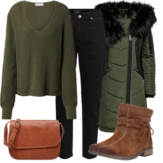 Outfit sa Smeđa/Bež Čizmica ljetna gležnjača/Zimska gležnjača/Vintage Gležnjača/Kožna gležnjača/Podstavljena Gležnjača/Široke čizme/Ravna Gležnjača/Gležnjača na Vezanje Rieker "Udoban zimski outfit"