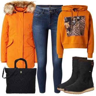 Outfit s Oranžová Dlouhá tylová sukně/Mikina/Dlouhé Kardigany/Dlouhý Zimní Kabát Guess "Výrazný vzhled pro zimu"