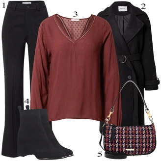 Elegantní Outfit s Červená/Tmavě červená/Vínová/Hnědá Halenkové Body/Halenkový Top/Kožená bunda/Crash blůza/Elegantní Halenka/Halenka s Dlouhým Rukávem/Otevřená Halenka/Oversize Halenka/Slip-on Halenka About You "Obchodní Outfit"Look: Lehký, Styl, Boho, Romantický, Elegantní, Retro