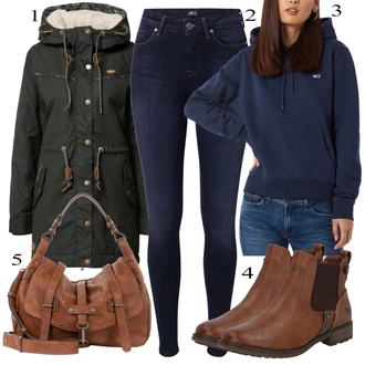 Outfit s Hnědá/Béžová Chelsea Boty/Kožená bunda/Plochá Kotníková Bota/Jezdecká Bota Mustang "Zimní Outfit"