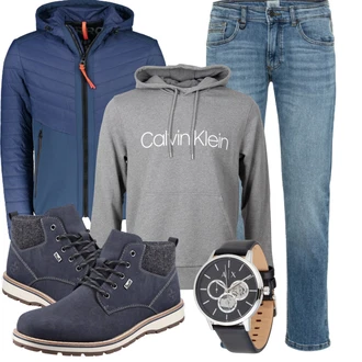 Outfit mit Dunkelblau/Grau/Blau Freizeitschuh/Klassischer Stiefel/Schnürschuh/Gefütterte Stiefelette/Wasserdichter Stiefel/Wasserfester Schuh/Herren Lederschuhe/Winter Stiefelette/Winter Sneaker Rieker "Cooles Herbst Outfit"