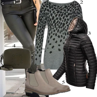 Outfit sa Bež/Siva/Smeđa Čizmica Kožna Jakna/Gumena Gležnjača/Ravna Gležnjača Tamaris "Tvoj otmjeni outfit"