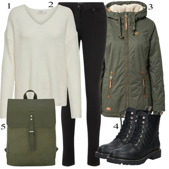 Prošívaný Outfit s Černá Šněrovací Kotníková Bota/Kožená bunda/Vycpaná kozačka/Gumová Kotníková Bota/Bojová Bota/Klasická kozačka/Plochá Kotníková Bota/Kozačka se zipem/Šněrovací Kozačka About You "Zimní Outfit"