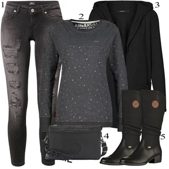 Výstřih na ramena Outfit s Černá/Šedá/Tmavě šedá Pletenina veľkej veľkosti/Kabát VERO MODA "Podzimní Outfit"
