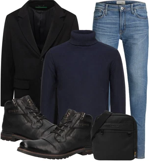 Outfit mit Dunkelblau/Blau Rollkragenpullover/Wollpullover/Kaschmir Pullover/Basic Pullover/Einfacher Pullover/Feinstrickpullover/Strickpullover/Polo-Pullover/Winterpullover SELECTED HOMME "Elegantes Herbst Outfit"