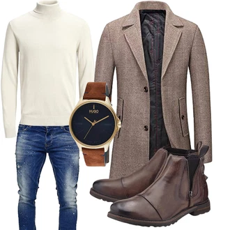 Wolle-seide Warme Outfit mit Braun/Beige/Grau Schmal Geschnittener Mantel/Gehröck/Bouclé Mantel/Wollmantel/Blazermantel/Wintermantel Wollmantel/Tweed Mantel KUDORO "Elegantes Herbst Outfit"