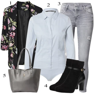 Glamourové Outfit s Šedá/Světle šedá Džíny s Rozparkem/Dámské Džíny s Délkou 7/8/Push up Džín/Kotníková Bota/Capri Džíny/Zkrácené Džíny/Kožená bunda/Kožené bundy/Džíny s Dírou LTB "Podzimní Outfit"Look: Styl, Glamourové