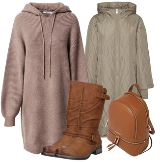 Outfit s Hnědá/Fialová/Béžová/Šedá Mikinové Šaty/Pletené Šaty/Svetrové Šaty/Zimní Pletené Šaty About You "Podzimní Outfit"