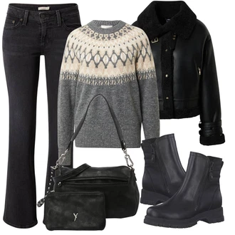 Norský vzor Outfit s Šedá Dlouhá tylová sukně/Pletený Oděv/Dlouhé Šaty/Svetrové Šaty/Dlouhý Zimní Kabát/Šaty s dlouhým rukávem/Šaty s výstřihem Freequent "Podzimní Outfit"