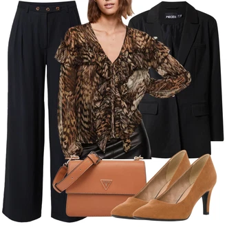 Zvířecí potisk Outfit s Hnědá/Šedá/Žlutá/Zelená Košilová Blůza Mango "Podzimní Outfit"