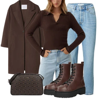 Outfit s Tmavě hnědá/Khaki/Šedá/Hnědá Zimní Kabát Vlněný kabát/Vlněný Kabát/Vintage Kabát/Kabát Tří Čtvrtě Délky/Letní Kabát/Oversize Kabát/Midi Kabát/Dlouhý kabát/Lodenový kabát/Kašmírový Kabát bershka "Podzimní Outfit"