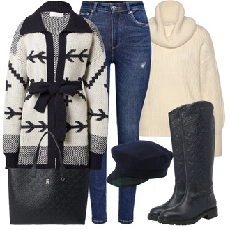 Outfit s Tmavě modrá/Černá/Modrá Kozačka po Kolena/Dlouhá Kozačka/Jezdecká Bota/Bota se širokým nohavici Tommy Hilfiger "Podzimní Outfit"