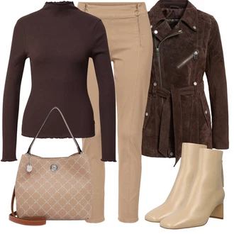 Outfit s Hnědá/Béžová/Khaki Dámské Džíny s Délkou 7/8/Kožená bunda/Kožené Boty/Džíny s Rozparkem/Motorkářské Džíny/Zkrácené Džíny/Zužující se Džíny/Slim Fit Džíny/Kotníková Bota/Capri Džíny Lascana "Podzimní Outfit"