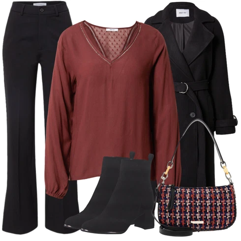 Kombinace Červená/Tmavě červená/Vínová/Hnědá Halenkové Body/Halenkový Top/Kožená bunda/Crash blůza/Elegantní Halenka/Halenka s Dlouhým Rukávem/Otevřená Halenka/Oversize Halenka/Slip-on Halenka About You kombinovat s Černá Kalhoty s Vysokým Pasem/Obleková Kalhoty/Business Kalhoty/Rozšířená Kalhoty/Kalhoty Bootcut/Kalhoty se Štěrbinou/Marlene Kalhoty florence by mills exclusive for about you