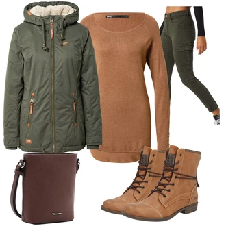 Outfit s Červená Taška Přes Rameno/Dlouhé Kardigany/Tělo/Doplňek/Batoh/Dlouhá tylová sukně/Dlouhý Zimní Kabát Tamaris "Podzimní Outfit"