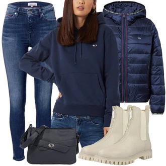 Outfit s Béžová/Hnědá/Bílá/Khaki Chelsea Boty/Gumová Kotníková Bota/Plochá Kotníková Bota/Kožená bunda/Kozačka se zipem Tommy Hilfiger "Podzimní Outfit"