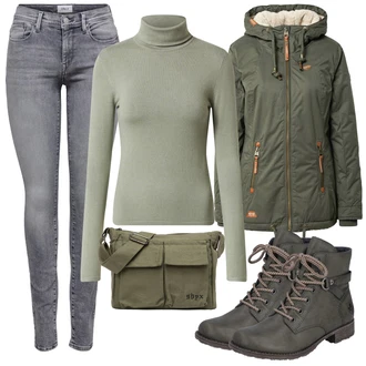 Outfit s Šedá Nízká bota na podpatku/Šněrovací Bota/Šněrovací Kotníková Bota/Zimní bota Rieker "Podzimní Outfit"