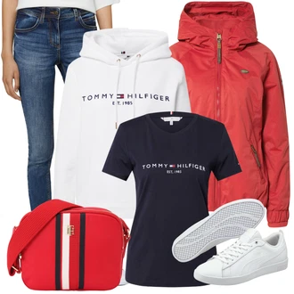 Outfit s Bílá/Krémová/Stříbrný/Šedá/Vícebarevný/Růžová Originální mikina/Svetr S Kapucí/Partnerská Mikina/Sportovní mikina/Mikina/Unisex Mikina S Kapucí/Vintage mikina/Dámský Svetr/Svetr s kapucí Tommy Hilfiger "Podzimní Outfit"