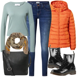 Outfit s Černá/Modrá Kozačka Šněrovací Kotníková Bota/Vintage Kozačka/Motorkářská bota/Plochá Kotníková Bota/Klasická Kozačka/Vintage Kotníková Bota/Bojová Bota Dr. Martens "Podzimní Outfit"