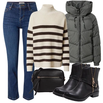 Vysoký Pas Outfit s Modrá/Tmavě modrá/Světle modrá High Waist Džínové Kalhoty/Rovná Džína/Džíny s Rozparkem/Zkrácené Džíny/Zimní bunda/Pánské tričko/Slim Fit Džíny/Džíny Regular Fit/Dámské Džíny s Délkou 7/8/Kožené Boty/Mom Jean/Push up Džín/Nezařazené WHITE STUFF "Podzimní Outfit"