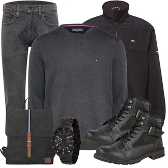 Winter Outfit mit Schwarz/Dunkelgrau/Grau Biker Boot/Springerstiefel/Schnürstiefelette/Motorradstiefel/Sneaker Mit Seitlichem Reißverschluss/Stiefel Mit Reißverschluss Mustang "Freizeit Outfit"
