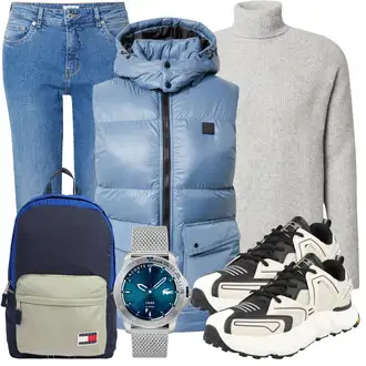 Outfit mit Blau/HellBlau Girlfriend Jeans/Cropped Jeans/Herren Lederjacke/Mom Jean/Damen 7/8-Länge Jeans/Straight Leg Jean/Boyfriend Jean/High Waist Jeans/Jeans mit Schlitz/Vintage Jeans/Tapered-Jeans/Dad Jeans/Schlupfjeans/Slim Fit Jeans/Winterjacke !Solid "Freizeit Outfit"
