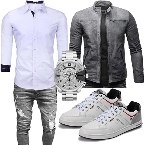 Dunkelgrau/Grau/Dunkelblau Leder Bomberjacke/Motorradjacke/Bikerjacke/Jacke mit Seitlichem Reißverschluss/KunstLederjacke Crone kombinieren