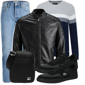 Große Größen Outfit mit Schwarz/Creme/Dunkelgrün Mantel/Lederjacke/Leder Bomberjacke/KunstLederjacke/Vintage Lederjacke/Bikerjacke/Motorradjacke Jack & Jones "Freizeit Outfit"