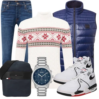 Retro Outfit mit Blau/Hellblau Slim Fit Jeans/Leder Schuhe/Lederjacke/Damen 7/8-Länge Jeans/Low Rise Jean/Tapered-Jeans/Winterjacke/Low Waist Jean/Schlupfjeans/Jeans mit Schlitz/Straight Leg Jean/Regular-Fit Jeans/Cropped Jeans/Knöchelstiefel Jack & Jones "Freizeit Outfit"Look: Uni, Coole, Schlichte, 70er, Classic, Old Money, Retro