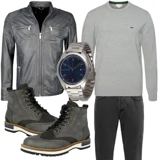 Große Größen Outfit mit Grau/Dunkelblau/Dunkelgrau/Hellgrau Mantel/KunstLederjacke/Lederjacke/Jacke mit Seitlichem Reißverschluss/Bikerjacke/Leder Bomberjacke/Vintage Lederjacke/Motorradjacke Maze "Freizeit Outfit"
