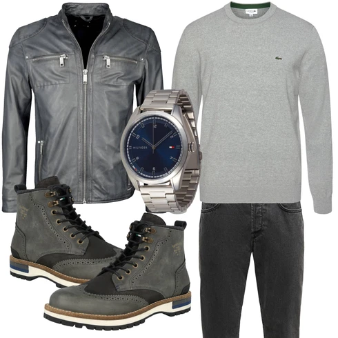 Grau/Dunkelblau/Dunkelgrau/Hellgrau Mantel/Kunstlederjacke/Lederjacke/Jacke mit Seitlichem Reißverschluss/Bikerjacke/Leder Bomberjacke/Vintage Lederjacke/Motorradjacke Maze kombinieren mit Blau/Silber/Dunkelblau/Grau Accessoire Armbanduhr/Uhrwerkzeug/Smartwatch/Kettenuhr Tommy Hilfiger