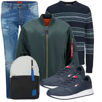 Outfit mit Blau/Hellblau Knöchelstiefel/Biker Jeans/Boyfriend Jean/Jeans mit Schlitz/Jeans mit Loch/Low Rise Jean/Low Waist Jean/Lederjacken/Lederjacke/Slim Fit Jeans Jack & Jones "Freizeit Outfit"