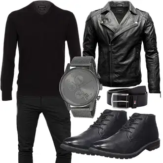 Fischgrät Outfit mit Schwarz/Grau/Dunkelgrau Jacke mit Seitlichem Reißverschluss/Vintage Lederjacke/Motorradjacke/Kunstlederjacke/Bikerjacke Crone "Freizeit Outfit"