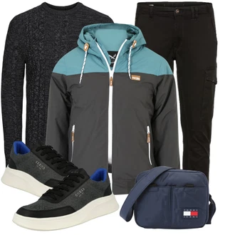 Outfit mit Schwarz/Khaki/Dunkelgrau Cargohose/Funktionshose/Zip Off Hose/Cargo-Jogginghose/Trekkinghose/Winterhose Jack & Jones "Freizeit Outfit"