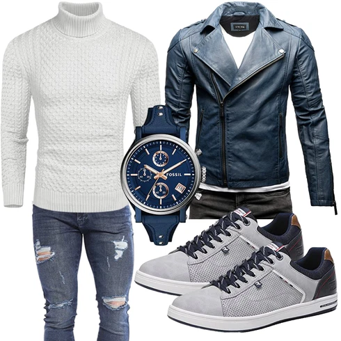 Dunkelblau/Blau Vintage Lederjacke/Jacke mit Seitlichem Reißverschluss/KunstLederjacke/Motorradjacke/Bikerjacke Crone kombinieren