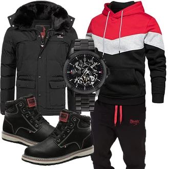 Sportlich Outfit mit Schwarz Winter Stiefel/Klassischer Stiefel/Wasserdichter Stiefel/Wattierte Stiefel/Wasserfester Schuh/Winter Stiefelette/Gefütterte Stiefelette/Herren Lederschuhe/Winter Sneaker/Sicherheitsschuh AX BOXING "Freizeit Outfit"Look: Dad, Stil, Metal, Ausgefallene, Uni, Boyfriend, Workwear, Unisex, Smart Casual, Sportlich, Casual, Outdoor
