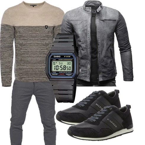 Dunkelgrau/Grau/Dunkelblau Leder Bomberjacke/Motorradjacke/Bikerjacke/Jacke mit Seitlichem Reißverschluss/KunstLederjacke Crone kombinieren