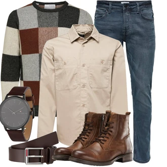 Outfit mit Braun Schnürstiefelette/Vintage Stiefelette/Leder Stiefelette/Vintage Stiefel/Klassischer Stiefel/Springerstiefel/Schnürschuh Jack & Jones "Herbst Outfit in warmen Farben"