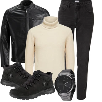 Große Größen Outfit mit Schwarz/Creme/Dunkelgrün Mantel/Lederjacke/Leder Bomberjacke/KunstLederjacke/Vintage Lederjacke/Bikerjacke/Motorradjacke Jack & Jones "Herbstlicher Look"