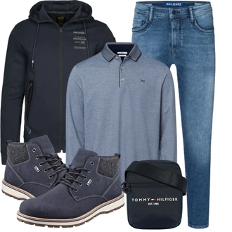 Outfit mit Dunkelblau/Grau/Blau Freizeitschuh/Klassischer Stiefel/Schnürschuh/Gefütterte Stiefelette/Wasserdichter Stiefel/Wasserfester Schuh/Herren Lederschuhe/Winter Stiefelette/Winter Sneaker Rieker "Herbstlicher Look"