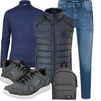 Premium Outfit mit Dunkelgrau/Dunkelblau/Blau/Grau/Hellgrau Walkingschuh/gesundheitsschuh/Schmaler Sneaker/Sneaker Low/Sommer Sneaker Skechers "Herbstlicher Look"Look: Color Blocking, Outdoor, Skater, Sportlich, Streetwear, Elegant, Smart Casual, Premium, Techno, Workwear