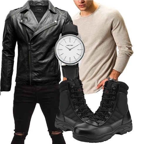 Schwarz/Grau/Dunkelgrau Jacke mit Seitlichem Reißverschluss/Vintage Lederjacke/Motorradjacke/KunstLederjacke/Bikerjacke Crone kombinieren