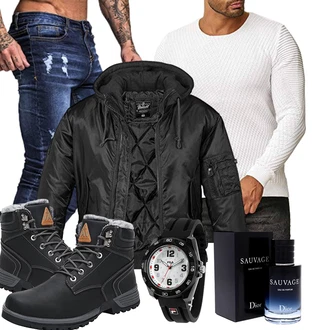 Premium Outfit mit Schwarz Winter Stiefelette/Trekkingstiefel/Wasserfester Schuh/Wattierte Stiefel/Motorradstiefel/Winter Sneaker/Wasserdichter Stiefel/Sicherheitsschuh/Herren Lederschuhe Mishansha "Herbstliches Freizeit Outfit"Look: Outdoor, Workwear, Duckfeet, Metal, Premium