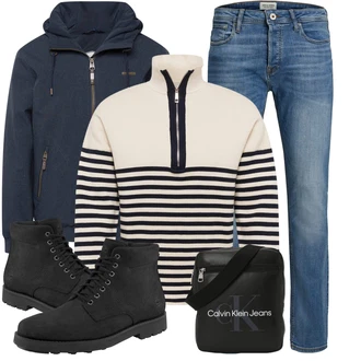 Outfit mit Blau/HellBlau Slim Fit Jeans/Low Rise Jean/Leder Schuhe/Lederjacke/Low Waist Jean/Winterjacke/Jeans mit Schlitz/Regular-Fit Jeans/Knöchelstiefel/Schlupfjeans/Straight Leg Jean Jack & Jones "Herbstliches Freizeit Outfit"