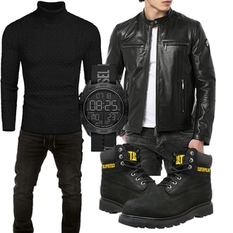 Kurz mit Reißverschluss Outfit mit Schwarz Motorradjacke/Bikerjacke/Leder Bomberjacke/KunstLederjacke Redbridge "Herbstliches Freizeit Outfit"
