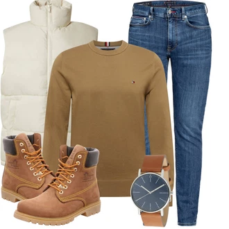 Outfit mit Blau/DunkelBlau/HellBlau Hose Große Größe/Slim Fit Jeans/Leder Schuhe/Low Rise Jean/Lederjacke/Sportschuhe/Regular-Fit Jeans/Push up Jeans/Knöchelstiefel/Winterjacke/Tapered-Jeans/Low Waist Jean/Damen 7/8-Länge Jeans/Schlupfjeans Tommy Hilfiger "Herbstliches Freizeit Outfit"