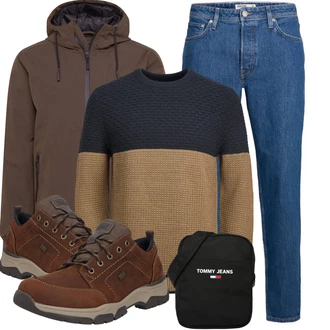 Outfit mit Braun/Dunkelbraun/Beige Schnürschuh/Walkingschuh/Wasserdichter Outdoorschuh/Wasserfester Schuh Rieker "Herbstliches Freizeit Outfit"