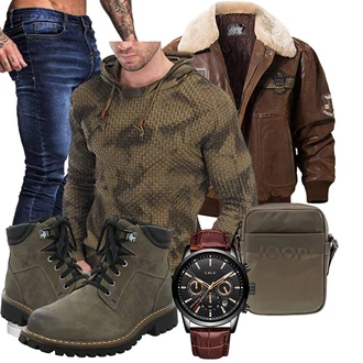 Retro Motorrad Outfit mit Braun/Dunkelbraun Vintage Jacke/Vintage Lederjacke/Leder Bomberjacke/Fliegerjacke FLAVOR "Herbstliches Freizeit Outfit"Look: Indoor, Workwear, Old Money, Rap, Retro, 80er, Boxen, Jagd, Reiten, Airsoft, Motorrad