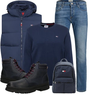 Outfit mit Blau/Hellblau Slim Fit Jeans/Low Rise Jean/Leder Schuhe/Lederjacke/Low Waist Jean/Winterjacke/Jeans mit Schlitz/Regular-Fit Jeans/Knöchelstiefel/Schlupfjeans/Straight Leg Jean Jack & Jones "Herbstliches Freizeit Outfit"